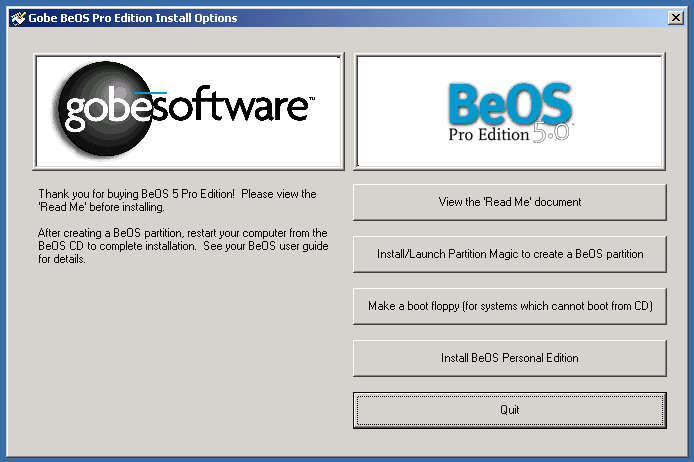 GoBe BeOS 5 Pro Edition Install Options